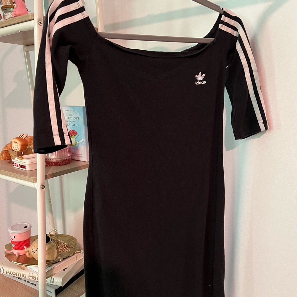 Adidas black off shoulder dress with white stripes